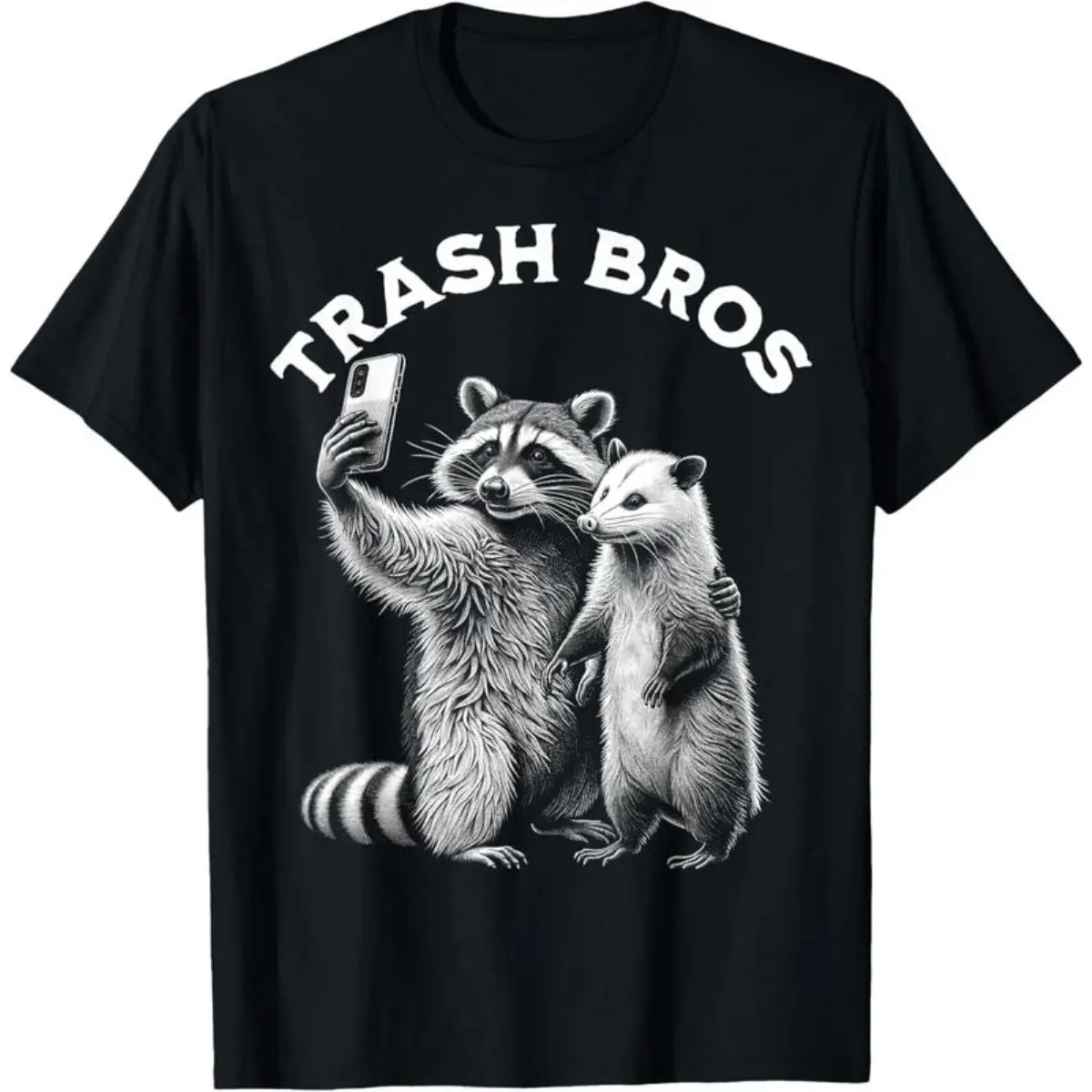 Men's Round Neck Short-Sleeve Casual Streetwear T-Shirt, Opossum and Racoon Trash Bros Selfie Funny Meme Possum Graphic Top