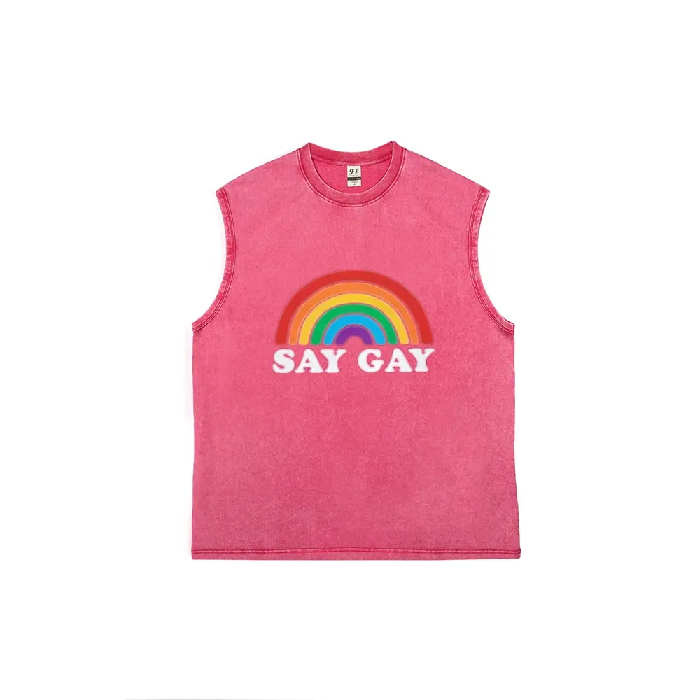 Vintage Washed Pink "SAY GAY" Rainbow Tank Top | LGBTQ+ Pride Graphic Sleeveless Tee | Retro Inclusive Streetwear Casual Top