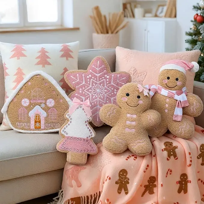 Gingerbread House Christmas Throw Pillow Set - Gingerbread Boy Girl Candy Cane Snowflakes Plush Decorative Cushion for Christmas Tree Home Decor, Festive Holiday Party Sofa Couch Pillow, Cozy Xmas Decor Christmas Gift Xmas Gift Chirstmas Decorations