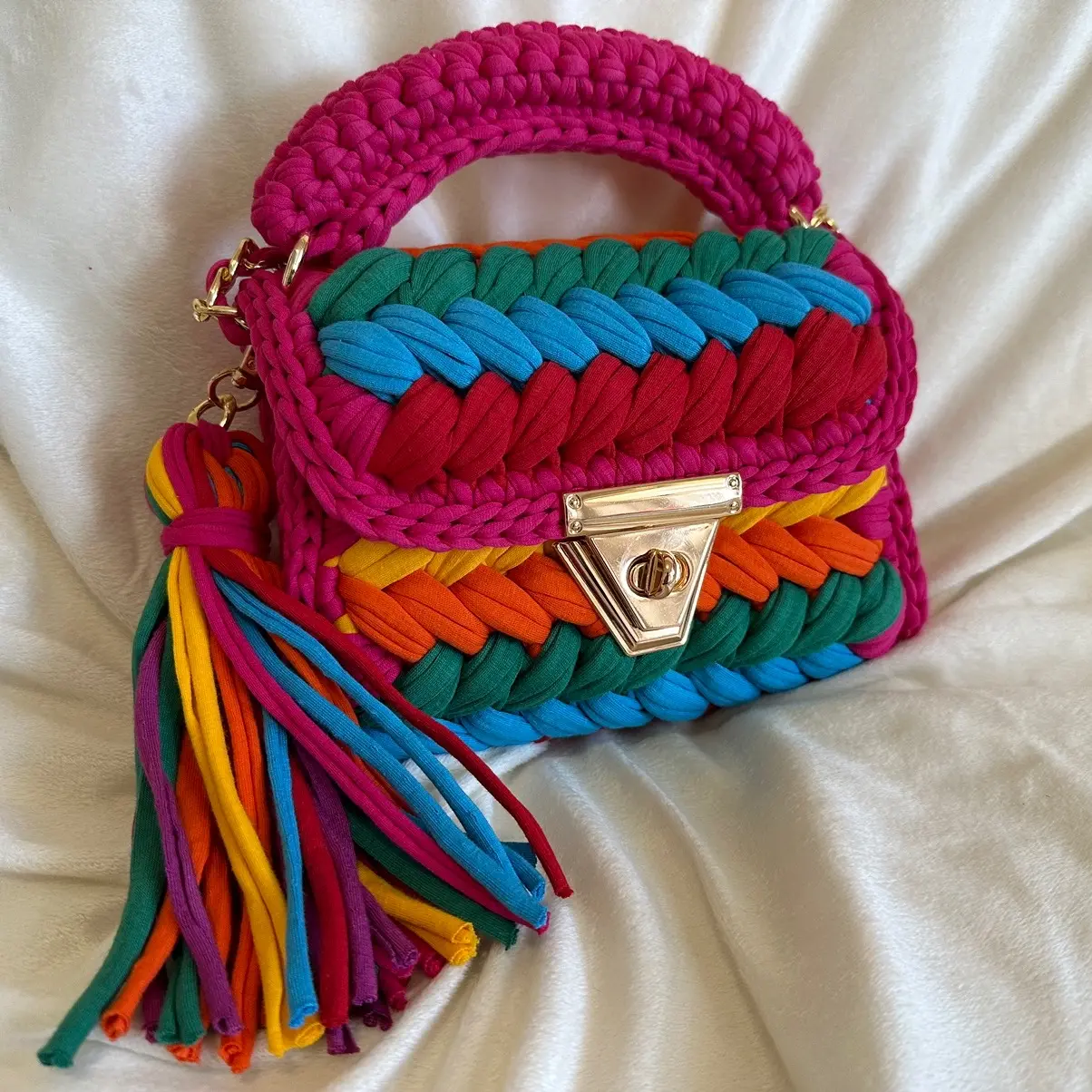 Small size rainbow bag with crocheted handle