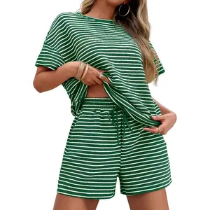 Imily Bela Essentials Womens Pajama Sets Striped 2 Piece Lounge Sets Short Sleeve Oversized T Shirts Drawstring Shorts Matching Set