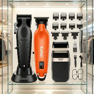 KEMEI Professional Hair Clipper and Trimmers Set, Cordless Barber Clippers, Beard Trimmer, Electric Foil Shaver with Replacement Heads, KM-2293orange, KM-2296, KM-2024