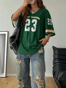 Summer New V-Neck Hollow Out Cutout Big Size Womenswear Y2K Streetwear Letter Number Print T-Shirt, Casual Striped Half Sleeve Top, Contrast Binding Design