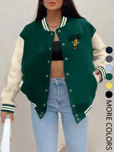 New Women's Baseball Jacket Fall Winter, Creative Letter Print, Casual Sporty Button Coat, Comfortable Versatile Jacket, Multiple Trend Colors Fitted Outerwear