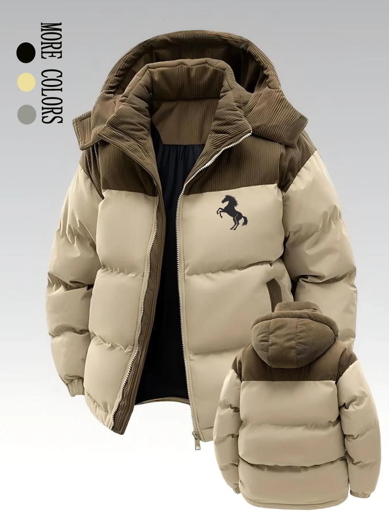 Men's Winter Heavy Hooded Jacket with Collar, Thick Full Zipper Outerwear, Casual Long Sleeve Coat for Daily Commute Outdoor Activities Quilted Outerwear Jacket Casual Trendy Coat