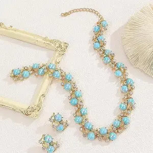 Women's 2-Piece Faux Pearl & Crystal Jewelry Set - Rhinestone Leaf Detail Choker Necklace, Earrings (Blue, Pink, Purple) - Ideal for Mother's Day, Wedding Bridal Gift