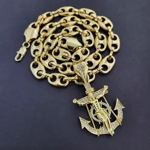 Jesus Anchor Iced Cubic Zirconia Pendant & 10mm 20" 24" 30" Mariner Chain Gold Silver Plated Hip Hop Necklace Jewelry
