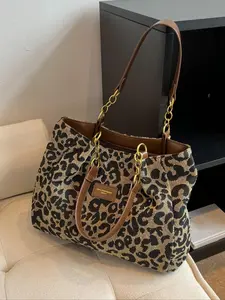 Fashionable and high-end street style leopard print tote bag, large capacity elegant atmosphere retro exquisite style shoulder bag, chain shoulder strap design, can accommodate tablets, documents, and personal items, Leopard Print Handbag