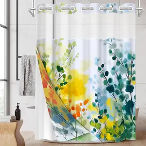 1PC Double Layer Shower Curtain, No Hooks, Watercolor Gradient Branch Print Waterproof Fabric, Nature Vibe Home Decor, Soft Whimsical Aesthetic, Hotel Bathroom Accessory, Detachable Buckle Shower Curtain and Liner, Bathroom Room Divider