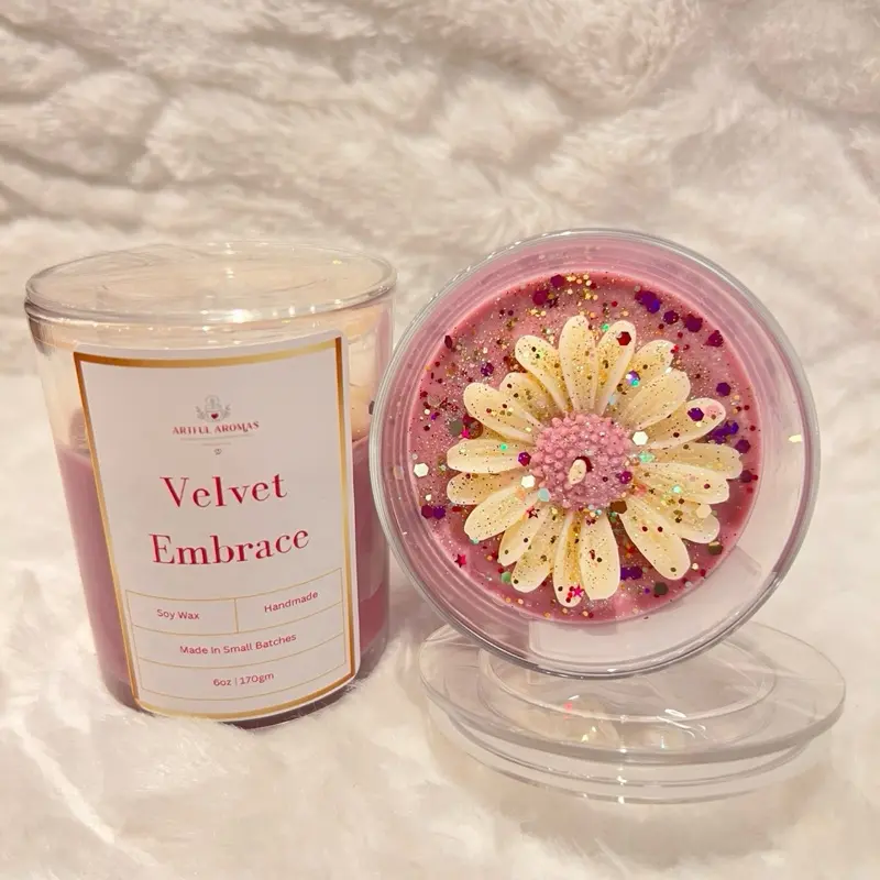 Velvet Embrace Pure Soy Wax Candle Handcrafted with Sparkling Daisy Design 6oz 170g Made in Small Batches