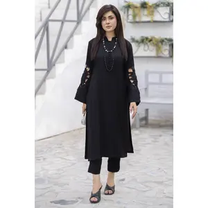 Black Linen 2pc Cutwork Sleeves Designer Womenswear ZBRW9