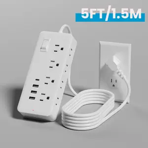 Compact Surge Protector Power Strip - 8 Outlets, 4 USB Ports (1 USB-C),short Extension Cord, Ideal for Home, Office, Travel, US Plug, 110V-130V 12-in-1 power strip surge protector Charging Cables Protection  【White】5Ft