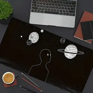 1pc Minimalist Black and White Space Alien Planet Large Gaming Mouse Pad, Extended XXL Desk Mat, Stitched Edge, Non-Slip Rubber Base, Ideal for Sci-Fi Fans, Gamers and Aesthetic Desk Decor