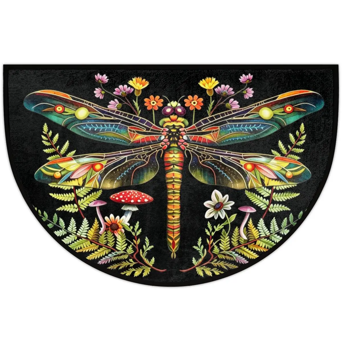 Boho Half-Round Doormat, 1cm Low Pile Flannel Rug with Colorful Dragonfly-Wildflower-Red Spotted Mushroom-Floral Fern Print, Anti-Skid Rubber Back, Durable Fade-Resistant No-Balling, Machine Washable Vintage Cottagecore Home Decor for Indoor Entryway, Ani