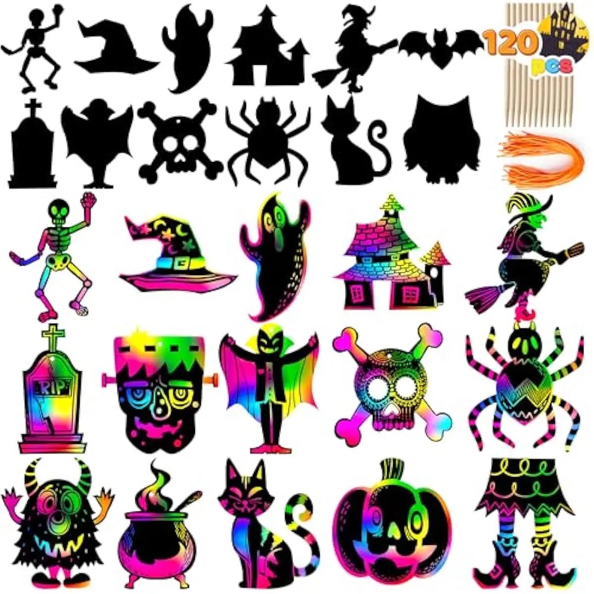 JOYIN 120 Pcs Halloween Rainbow Scratch Art Crafts for Kid, Halloween Party Favors, Scratch Off Paper with 18 Designs for Party Supplies, Classroom Activities Game Goodies Gifts
