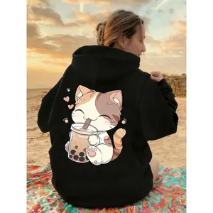 Cute Cat Print Hoodie for Women, Fall & Winter Casual Fashion, Loose Fit Pocket Sweatshirt, Perfect for Cat Lovers and Tea Lovers