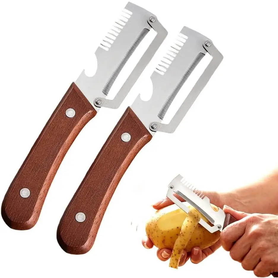 2-Piece Multipurpose Veggie Peeler Set - Ultra-Sharp Stainless Steel Inclined Blade Kitchen Utensils, Wooden Handle, Bottle Opener for Vegetable Fruit Peeling, Cooking (Vegetable Fruit Utensils, Multipurpose Cutting Blade Peelers)