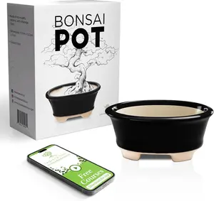 Glazed Ceramic Bonsai Pot | Decorative Planter for Dwarf Trees, Succulents, Small Plants | Small Container for Indoor and Outdoor Gardens, Table Centerpieces and Windowsill Décor | Black Oval