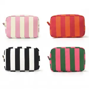 Striped Soft Corduroy Makeup Bag - Preppy Look, Metal Zipper, Side Handle, Large Capacity Portable Travel Toiletry Organizer for Women, Trendy Pouch for Skincare & Daily Needs tiktokshopspringglowup