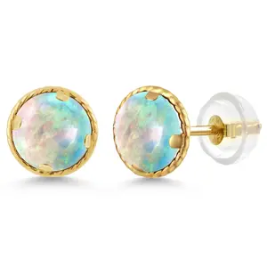 14K Yellow Gold White Simulated Opal Stud Earrings For Women Men (0.60 Cttw, Round Cabochon 6MM)