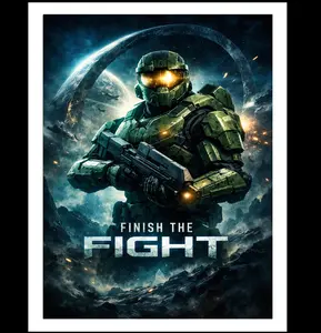 Finish The Fight Poster – Sci-Fi Soldier Wall Art, Space Battle Aesthetic Print, Gaming Room Decor