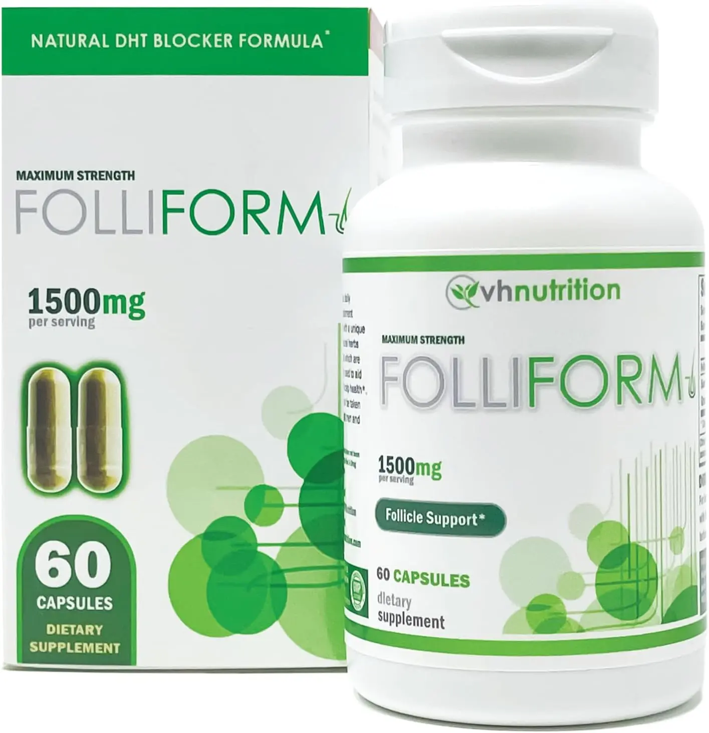 VH Nutrition FOLLIFORM DHT Blocker for Men and Women 1500mg Saw Palmetto Pygeum Nettle Root Formula Supports Healthy Hair Growth Scalp Health 60 Capsules