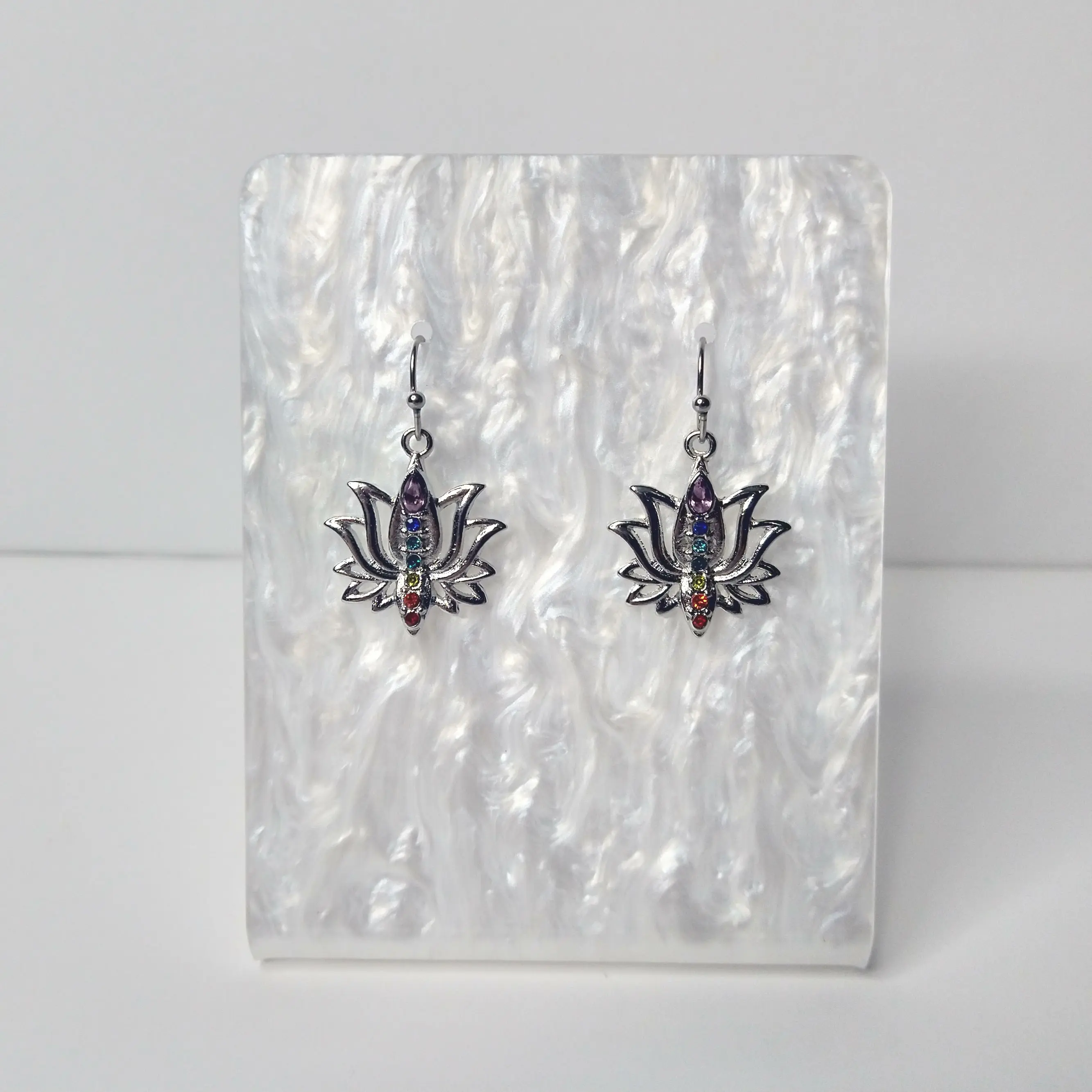 #562 Lotus with Rainbow Rhinestones Earrings, Casual, Spiritual, Chakra