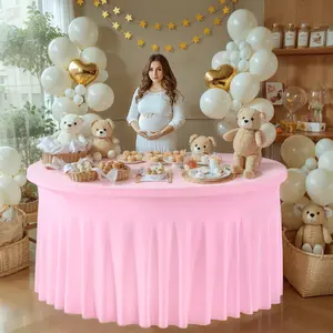 4/5/6 FT Round Spandex Tablecloth, Wrinkle-Free, Reusable, Stretch-Fitted Table Cover with Skirt for Weddings, Birthdays, Banquets, and Valentine's Day Parties