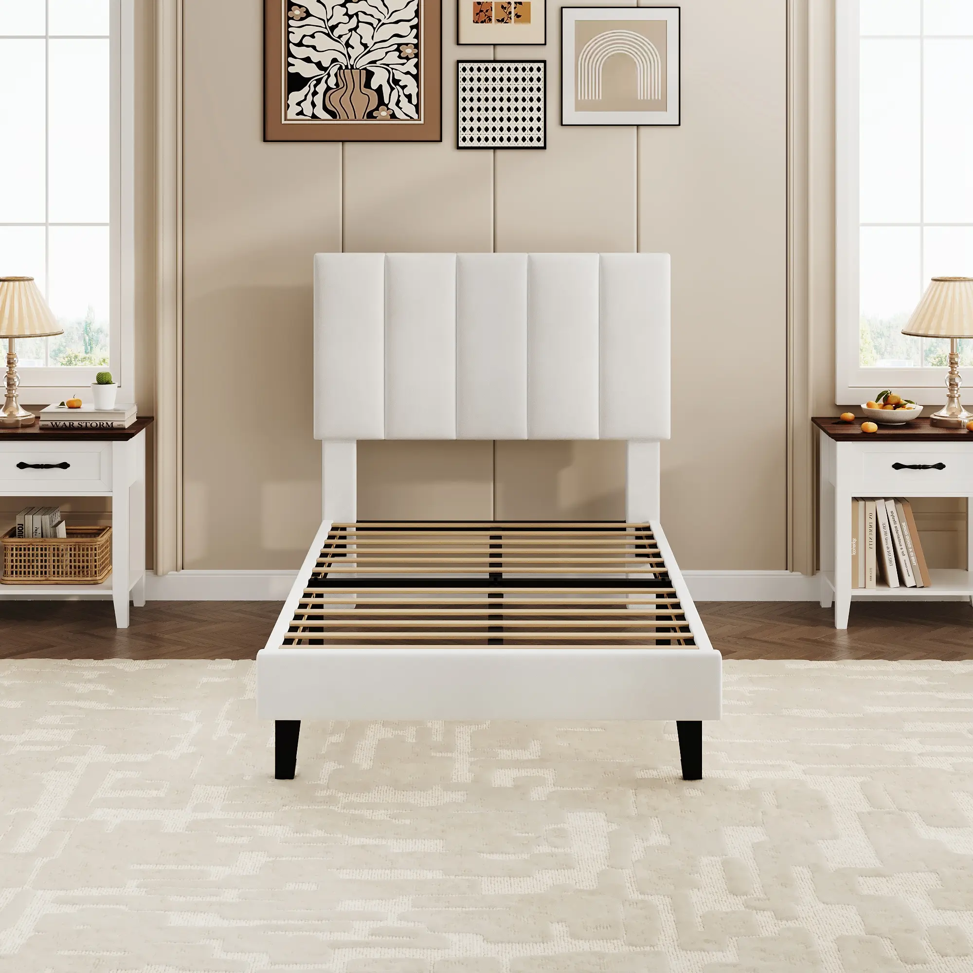 【GARVEE】Contemporary Upholstered Wooden Bed Frame with Vertical Channel Tufted Headboard, Adjustable Height, Sturdy Slats, Silent Support, Platform Bed Design (Twin, Full, Queen Sizes; White, Pink, Green) - Assembly Required