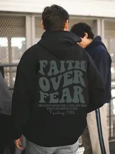 Men's Black "Faith Over Fear" Bible-Themed Graphic Hoodie, Hot Trending Hoodies, Religious Streetwear Pullover, Scripture-Printed Loose-Fit Hooded Top for Daily Wear, Perfect Gift for Faith & Fashion Enthusiasts