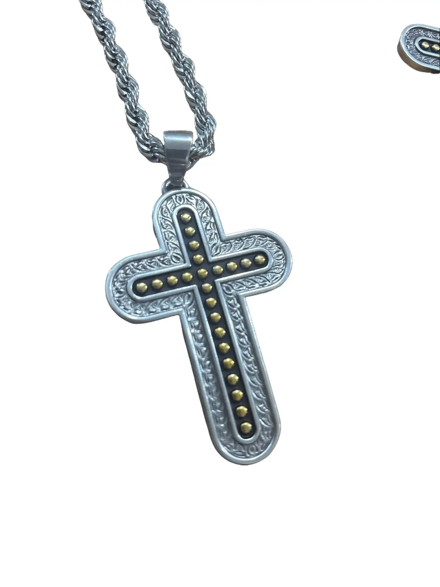Men's Rugged Western Cross Necklace, Elegant Silver-Tone Engraved Pendant with Gold Accents, Rich Symbolism Jewelry, Father's Day Gifts, Rope Chain, Faith, Cross Design Pendant, Cowboys, Male, Bold Rope Chain, Bead, Casual, Engraved Border, Metallic, Dail