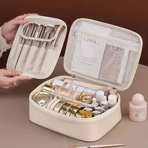 Multi-Layer Detachable Makeup Bag with Zipper Lock, Large Capacity Travel Cosmetic Organizer for Gym & Travel Use, Portable Beauty Essentials Pouch with Brush Storage (Perfect Gift for Women)