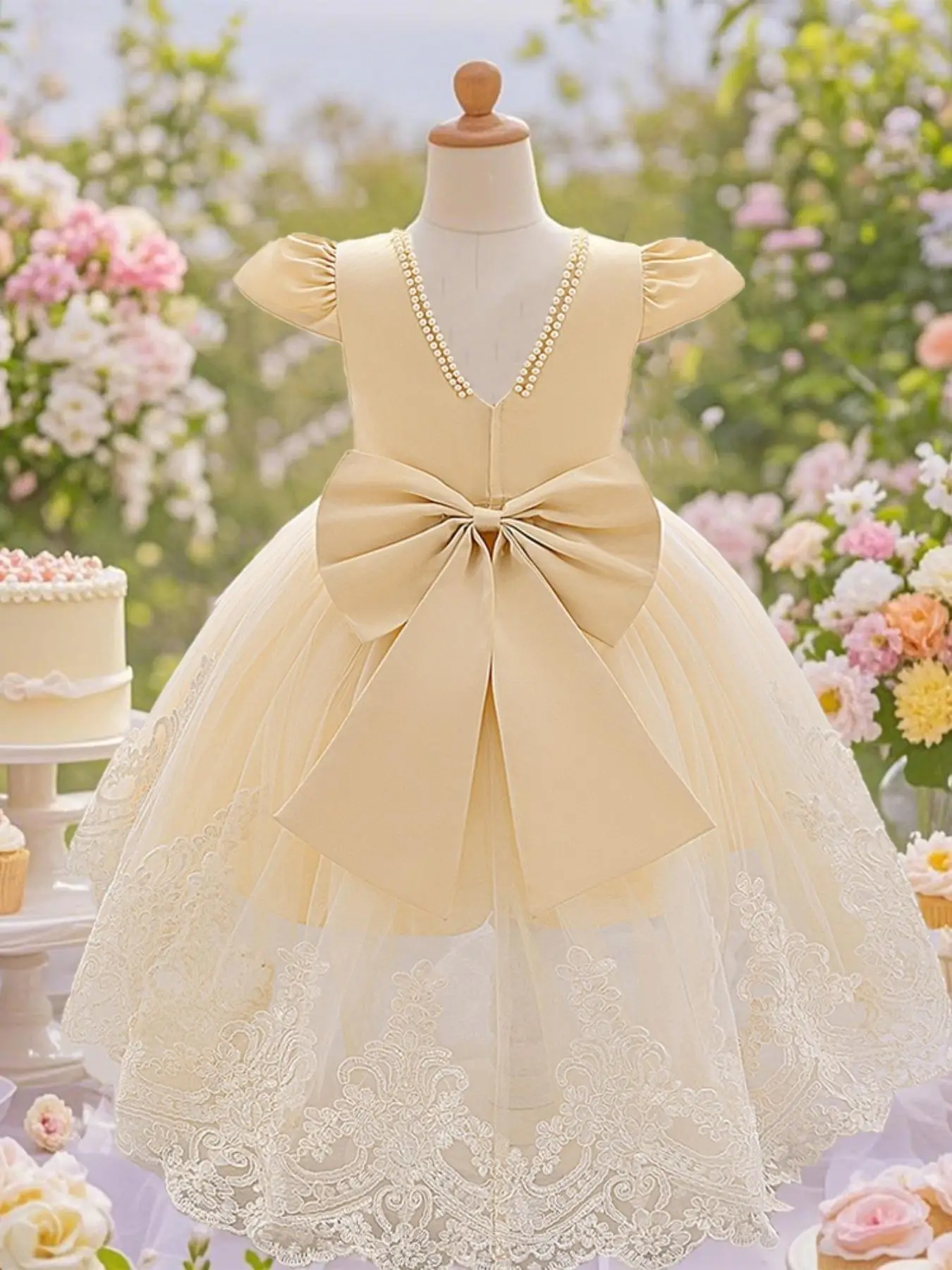 Toddler Girl's Floral Embroidery Bow Decor Sweater Dress, Elegant Sleeveless A Line Dress for Party Wedding Guest, Kids Clothes for All Seasons