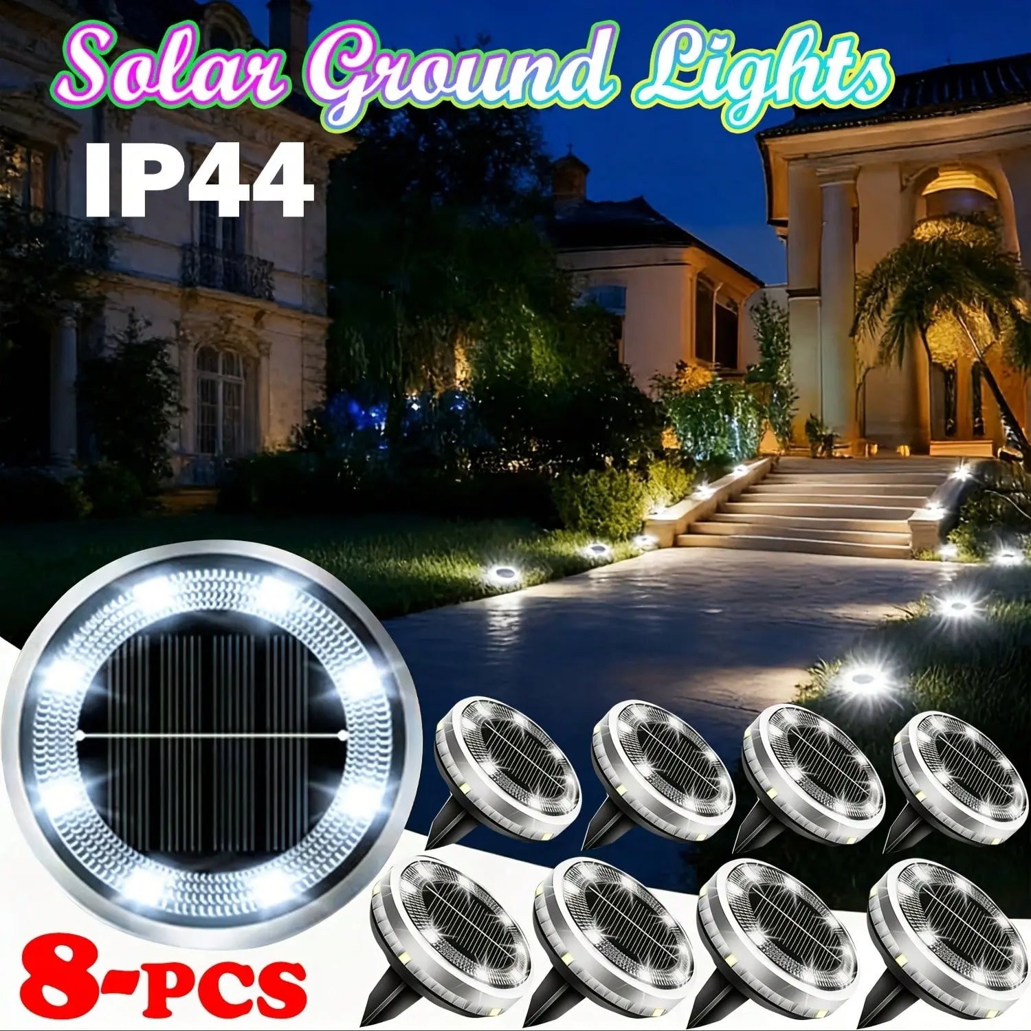 8-Pack Solar Ground Lights LED, IP68 Waterproof Outdoor Disk Lights for Path, Yard, Deck, and Garden - Durable Stainless Steel Landscape Lighting