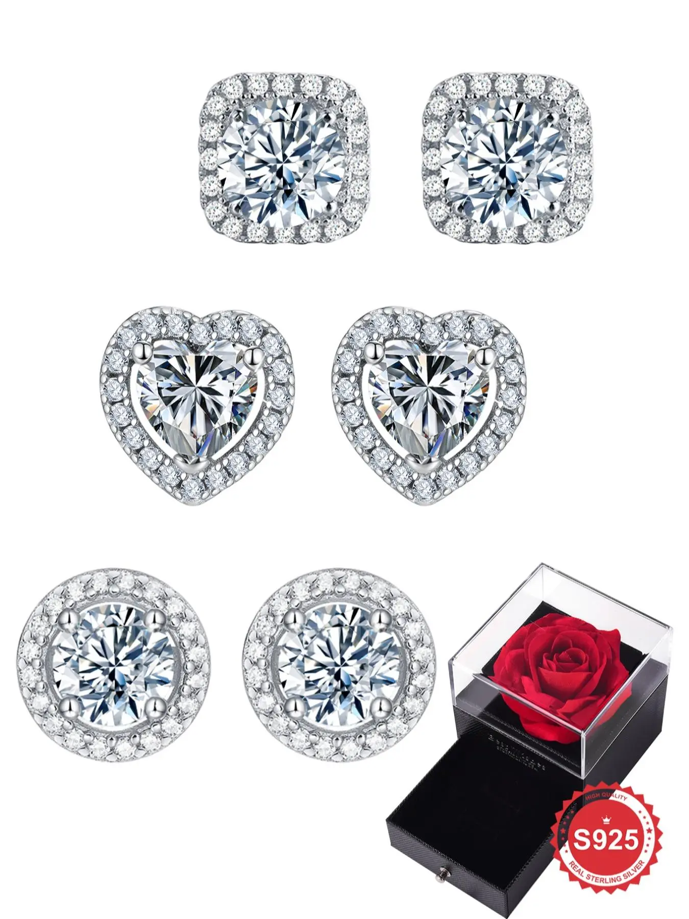 S925 Sterling Silver Fashion Heart / Round / Square Shaped Zirconia Decor Stud Earrings, with Rose Gift Box, Fashion Jewelry Accessories for Women & Girls, Valentine's Day, Gift