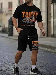 Tokyo Underground Racing Men's 3D Digital Printing Two-Piece Set, 2Pcs, Trendy and Fashionable Set, Trendy Retro Casual Two-Piece Set, Vacation Style Trendy Outfit, Breathable Sports Casual Style, a Perfect Holiday Gift for Men