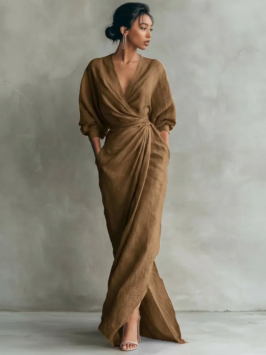ChicCurve Women's V Neck Wrap Long Sleeve Maxi Dress – Cuffed Sleeve Draped Waist, Side Slit Pocket Dress for Casual & Daily Wear