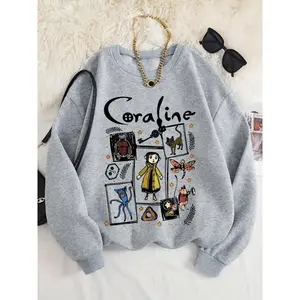Women's Cartoon Coraline Graphic Print Crew Neck Sweatshirt, Casual Long Sleeve Pullover, Women's Fall & Winter Clothes for Daily Wear
