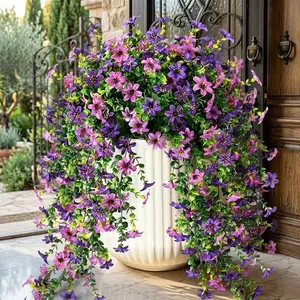 4 Bundles Artificial Boho Flowers for Outdoor,No Fade Fake Plastic Flowers Faux Plants for Decoration Hanging Planters Indoor Outside Garden Porch Window Box Home Wedding Farmhouse