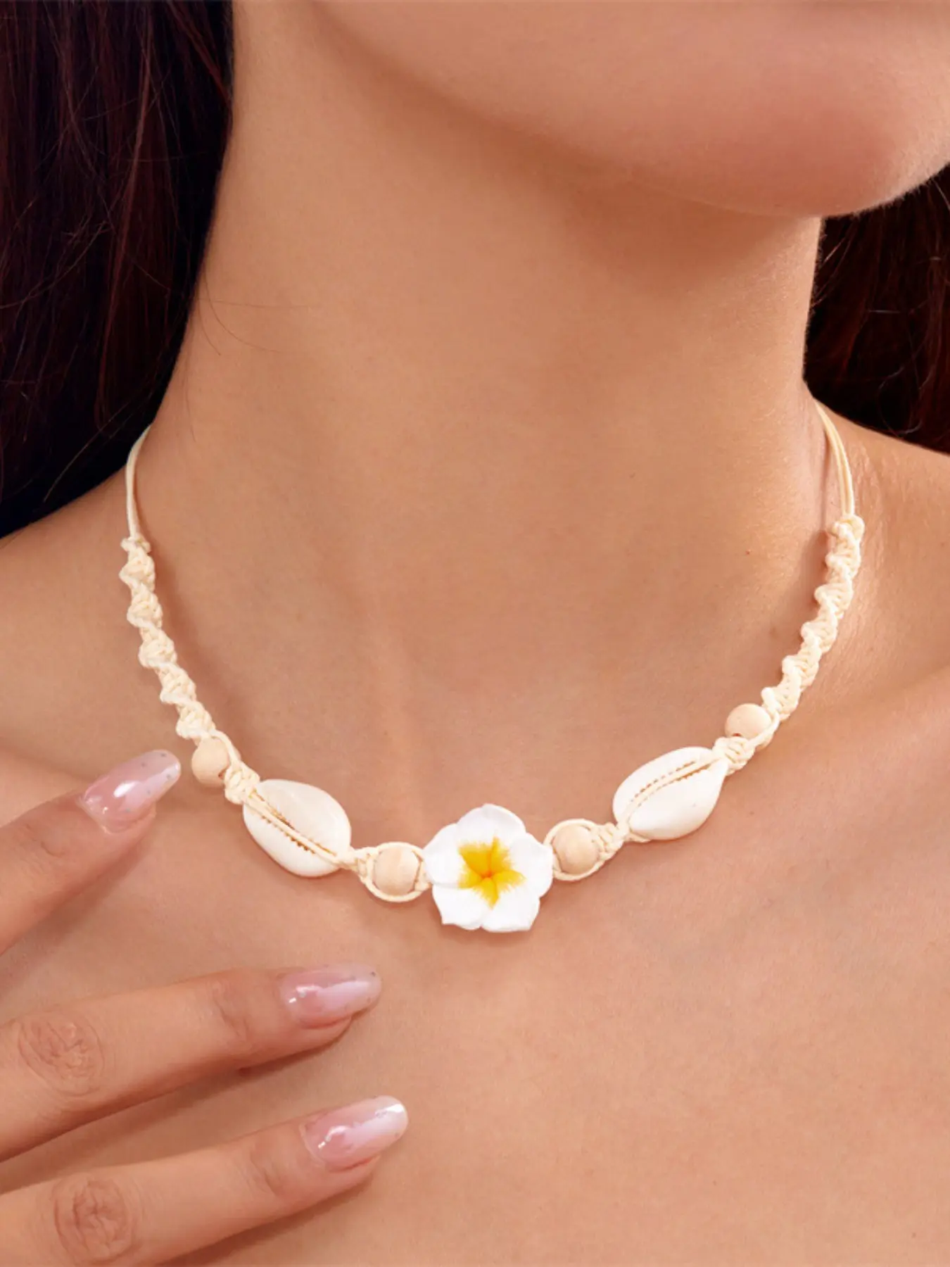 Bohemian Hawaiian Tropical Island Necklace, Boho Style Jewelry, Soft Clay Flower Shell Braided Pendant, Perfect for Beach Photos, Relaxing Coastal Vibe