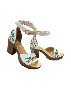 Arumi Leather Floral Embroidered Heels White