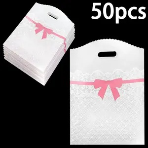50pcs Bow Lace Gift Bags, Durable Plastic Party Packaging, Elegant Packaging, Transparent Flat Mouth Gift Bags, Perfect for Princess Themes, Birthdays, Weddings