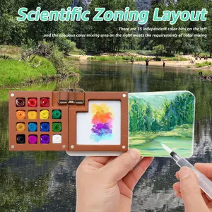 Mini Watercolor Paint Travel Set Portable Pocket Watercolor Set with 15 Grid Palette 24 Color Paint Sketchbook and Brush for Travel Painter