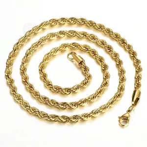 14K Gold Plated Rope Chain for Men Women Stainless Steel Twisted Necklace 3/5/7mm 16-30" Choker