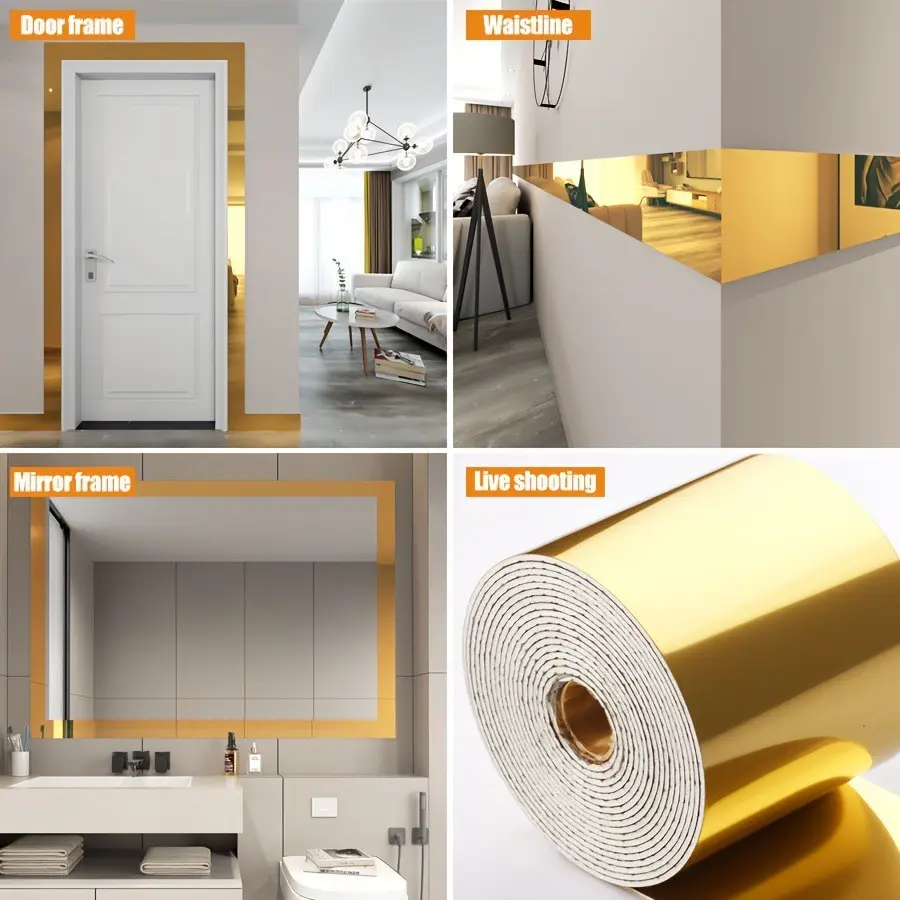 1/2 roll, 196.85 inches x 3.94 inches, thickened by 3.1 mm with gold foilng, pure gold, pure silver baseboard, mirror frame, picture frame border wall sticker, TV background frame, peel-and-stick, PVC self adhesive, DIY removable, waterproof