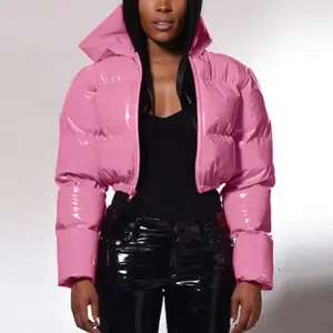 2025 Winter Warm Thick Pu Leather Coats Women Short Parkas Cotton Padded Lady Down Jacket Short Tops Elegant Zipper Clothes Can be used with raincoat Hoodie Womenswear Shiny Style Pocket