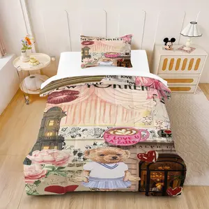 Preppy Teddy Bear & Vintage Architecture Comforter Set 2/3-Piece（1 Comforter + 1-2 Pillowcases) , Romantic Collage Design, Ideal for Bedroom & Dorm Decor, Soft Bedding Sets