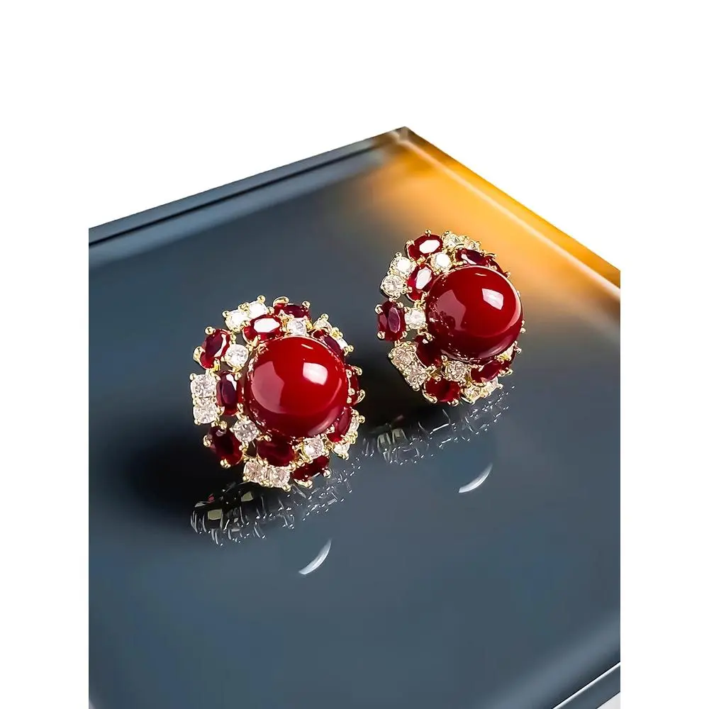 Red Pearl Earrings New Year Autumn Winter Festive Full Diamond Inlaid Ruby Unique Exquisite Exaggerated Earrings