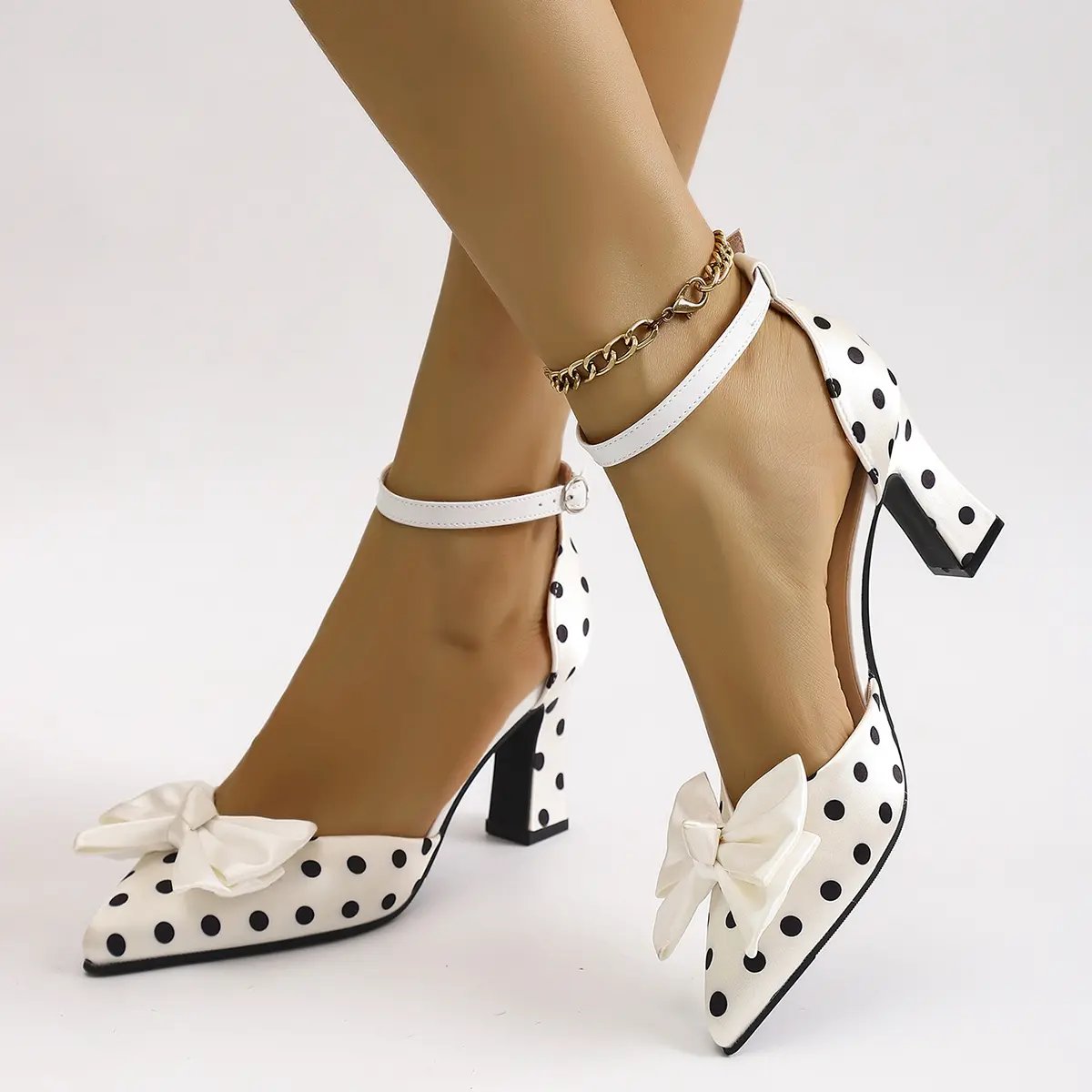 Women's Classic Pointed-Toe High Heel Sandals - Black And White Polka Dot, 1-Strap Buckle, White Bowknot Decoration, Stylish Women's Shoe, Footwear