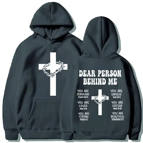 Christian Fitted Hoodie with Bible Verse, Long Sleeve Inspirational Sports Sweatshirt, Faith Cross Graphic Printed Pullover Hoodie, Casual Fall & Winter Wear, Printed Hooded